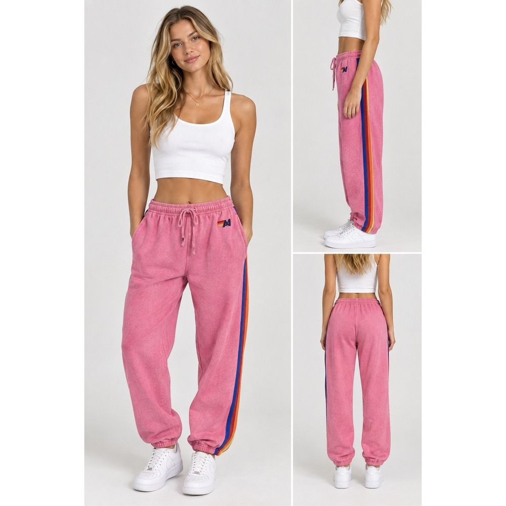 Aviator Nation Sweatpants Womens Small Pink Rainbow Stripe Fleece Joggers